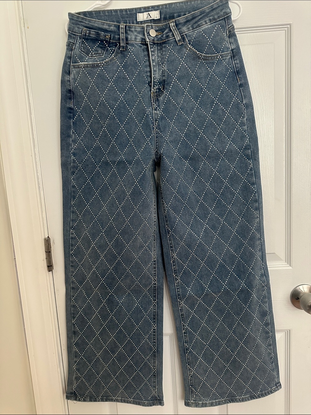 Studded Diamond-Quilt Blue Women's Jeans